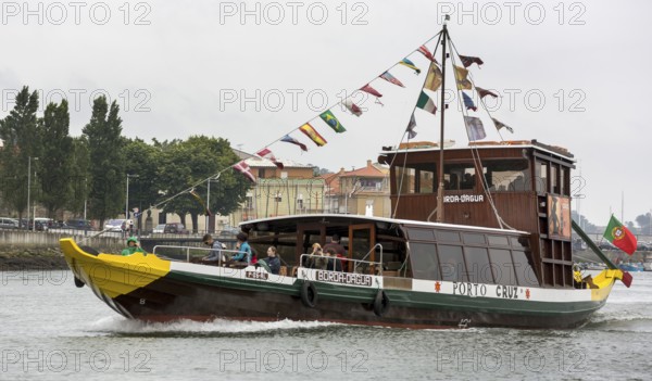 Tourist excursion boat on the Douro, Porto, Porto district, Portugal, Europe, aerial view, birds-eyes view, Travel, travel photography