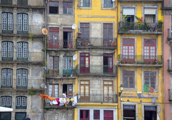 Colourful houses on the banks of the Douro in the Ribeira district, doors, Oporto, Porto district, Portugal, Europe, aerial view, birds-eyes view, travel, travel photography