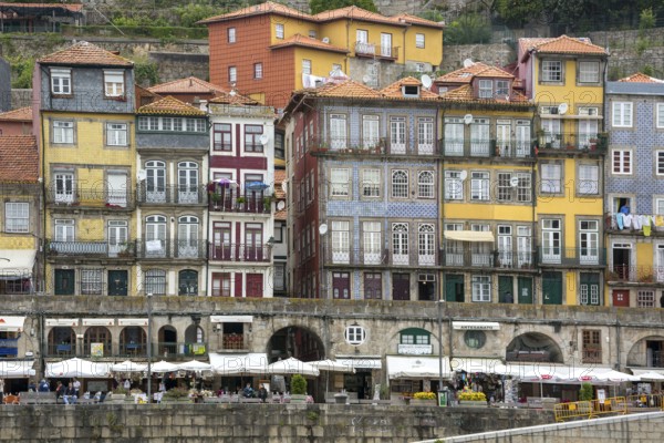 Colourful houses on the banks of the Douro in the Ribeira district, doors, Oporto, Porto district, Portugal, Europe, aerial view, birds-eyes view, travel, travel photography
