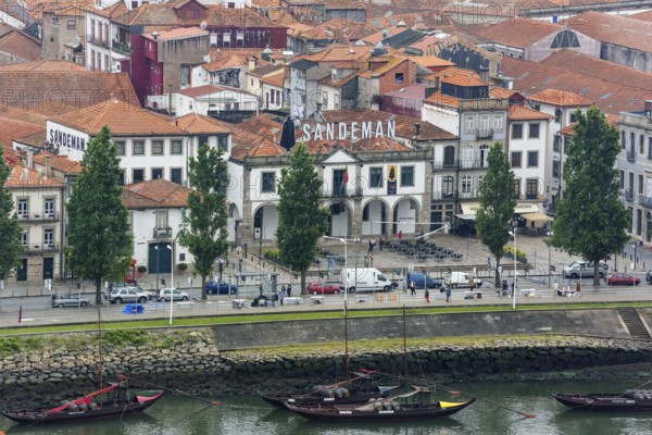 View over the Douro or Duero to the Gaia district, Vila Nova de Gaia, Sandeman, wine producer with winery, port wine, Oporto, Porto district, Portugal, Europe, BlosseyPortugal, aerial view, birds-eyes view, Travel, travel photography