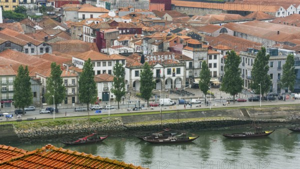 View over the Douro or Duero to the Gaia district, Vila Nova de Gaia, Sandeman, wine producer with winery, port wine, Oporto, Porto district, Portugal, Europe, aerial view, birds-eyes view, Travel, Travel Photography