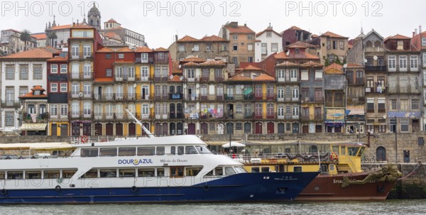 Colourful houses on the banks of the Douro in the Ribeira district, doors, Oporto, Porto district, Portugal, Europe, aerial view, birds-eyes view, travel, travel photography