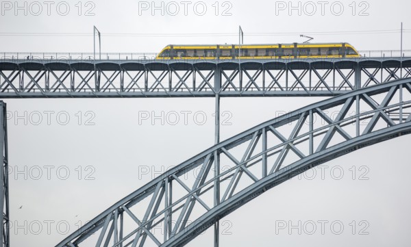 Ponte de Dom Luis I with Metro do Porto, light railway, double-decker bridge, Vila Nova de Gaia, Porto district, Portugal, Europe, aerial view, birds-eyes view, Travel, Travel photography