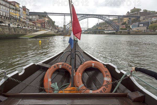 Excursion boat trip under the famous bridge of Porto, Ponte de Dom Luis I, Oporto, Porto district, Portugal, Europe, aerial view, birds-eyes view, Travel, travel photography