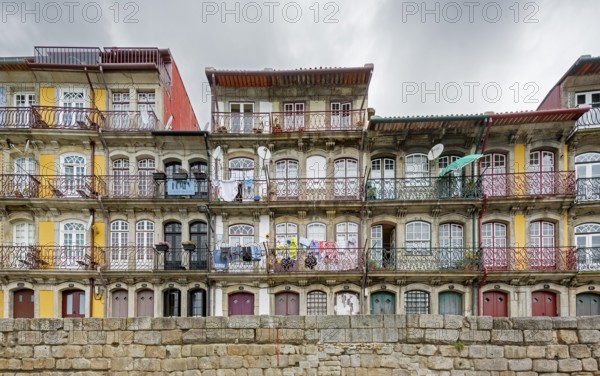 Colourful houses on the banks of the Douro in the Ribeira district, doors, Oporto, Porto district, Portugal, Europe, aerial view, birds-eyes view, travel, travel photography