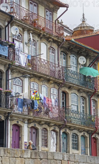 Colourful houses on the banks of the Douro in the Ribeira district, doors, Oporto, Porto district, Portugal, Europe, aerial view, birds-eyes view, travel, travel photography