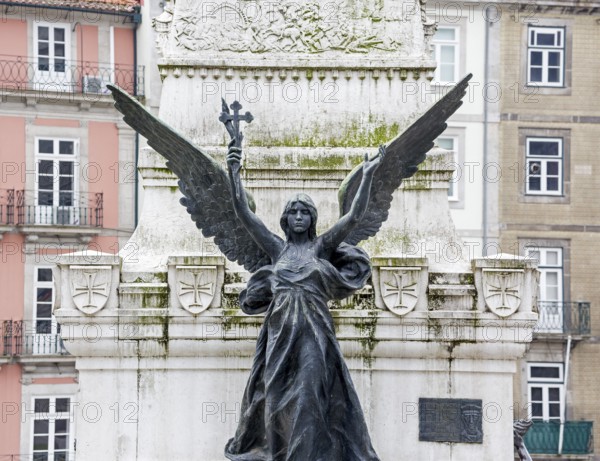 Angel figure in front of the stock exchange palace Palácio da Bolsa, Oporto, Porto district, Portugal, Europe, aerial view, birds-eyes view, travel, travel photography