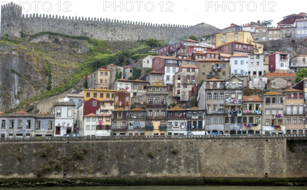 Colourful houses on the banks of the Douro in the Ribeira district, doors, Oporto, Porto district, Portugal, Europe, Vila Nova de Gaia, aerial view, birds-eyes view, Travel, travel photography