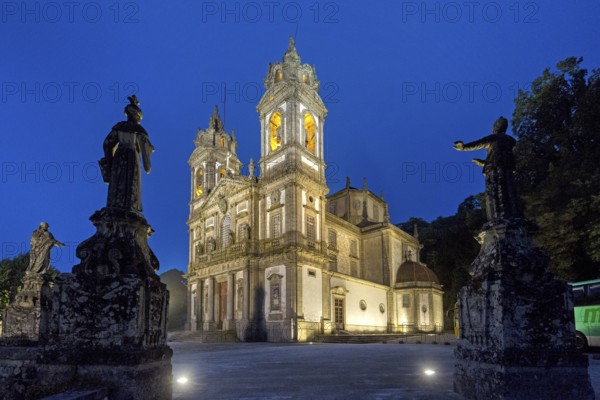 Bom Jesus do Monte, blue hour, night shot, pilgrimage church of Braga, Braga, Braga district, Portugal, Europe, aerial view, birds-eyes view, travel, travel photography