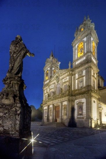Bom Jesus do Monte, blue hour, night shot, pilgrimage church of Braga, Braga, Braga district, Portugal, Europe, aerial view, birds-eyes view, travel, travel photography