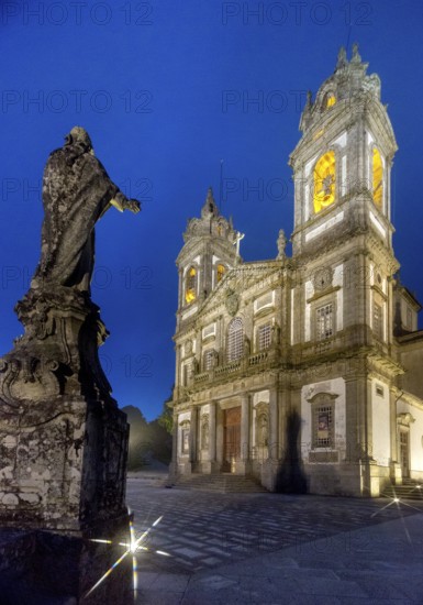Bom Jesus do Monte, blue hour, night shot, pilgrimage church of Braga, Braga, Braga district, Portugal, Europe, aerial view, birds-eyes view, travel, travel photography