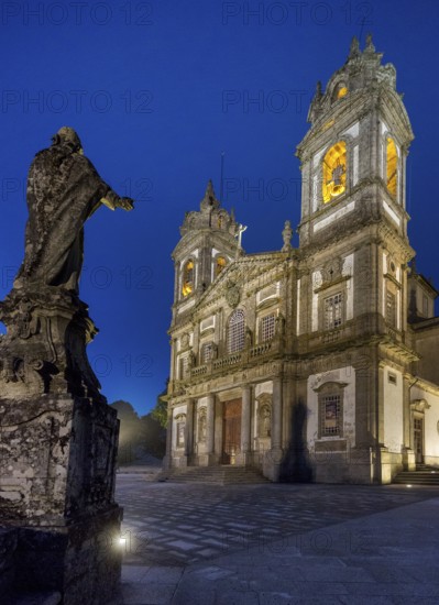 Bom Jesus do Monte, blue hour, night shot, pilgrimage church of Braga, Braga, Braga district, Portugal, Europe, aerial view, birds-eyes view, travel, travel photography