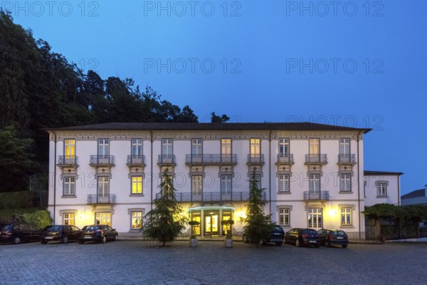 Bom Jesus do Monte, blue hour, night shot, pilgrimage church of Braga, Braga, Braga district, Portugal, Europe, aerial view, birds-eyes view, travel, travel photography