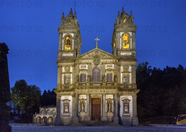 Bom Jesus do Monte, blue hour, night shot, pilgrimage church of Braga, Braga, Braga district, Portugal, Europe, aerial view, birds-eyes view, travel, travel photography