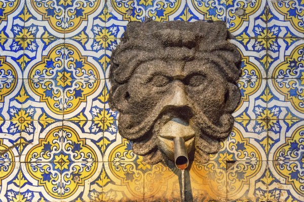 Fountain in the Sandemann cellar with historical tiles, gargoyles, azulejos, wine cellar of the Sandemann winery in Gaia, Porto, Vila Nova de Gaia, Porto district, Portugal, Europe, aerial view, birds-eyes view, Travel, Travel photography