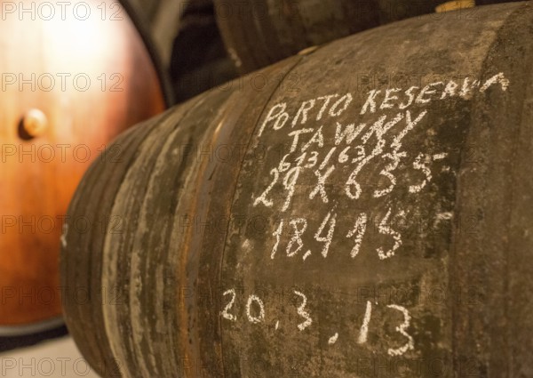 Vintage labelling, port wine barrels, wine cellar of the Sandemann winery in Gaia, Porto, Vila Nova de Gaia, Porto district, Portugal, Europe, aerial view, birds-eyes view, travel, travel photography