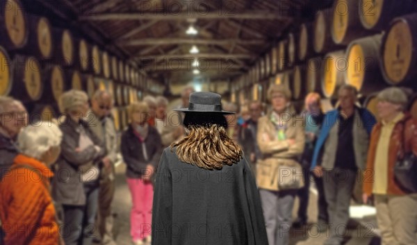 Group of visitors with traditional travel guide, port wine barrels, wine cellar of the Sandemann winery in Gaia, Porto, Vila Nova de Gaia, Porto district, Portugal, Europe, aerial view, birds-eyes view, Travel, travel photography