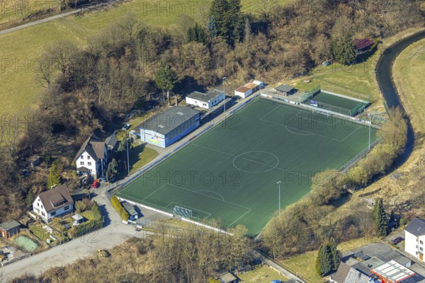 Aerial view, sports field football stadium Hachen, Hachen, Sundern, Sauerland, North Rhine-Westphalia, Germany, DE, Europe, football field, football stadium, aerial view, aerial photography, aerial photography, sports, sports facilities, sports field, sports facility, stadium, overview, bird's-eye view, overview