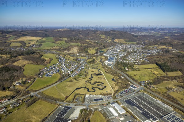 Aerial view, residential area local view and river Sorpe Flussmäander im Sorpetal Hachen, shapes and colours, Hachen, Sundern, Sauerland, North Rhine-Westphalia, Germany, DE, Europe, river, property tax, real estate, aerial view, aerial photography, aerial photography, meander, overview, bird's-eye view, living and life, residential area, residential quality, residential quarter, housing estate, residential district, birds-eyes view, overview