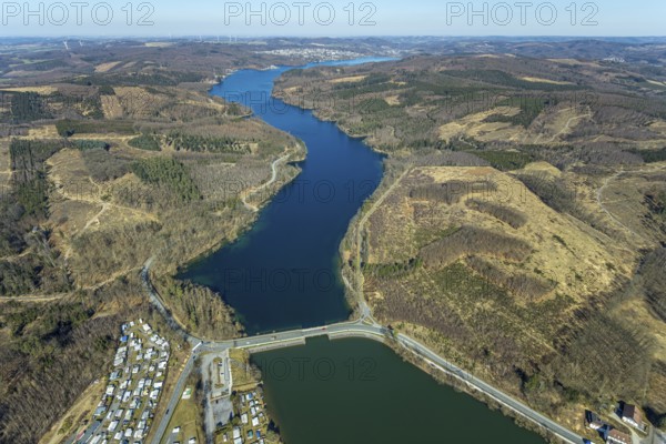 Aerial view, Sorpesee, forest area with forest damage, Amecke, Sundern, Sauerland, North Rhine-Westphalia, Germany, DE, Europe, aerial view, aerial photography, aerial photography, recreation area, lake, Sorpetalsperre, overview, bird's eye view, birds-eyes view, overview