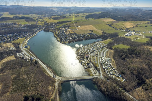 Aerial view, reservoir Amecke Sorpesee, campsite Amecker Damm, hilly landscape, Amecke, Sundern, Sauerland, North Rhine-Westphalia, Germany, DE, Europe, aerial view, aerial photography, aerial photography, local recreation area, lake, Sorpe dam, overview, bird's-eye view, overview