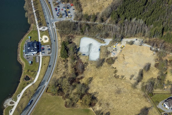 Aerial view, home harbour restaurant Grote Goldbäckerei, construction site former outdoor swimming pool at the Seestraße, Amecke, Sundern, Sauerland, North Rhine-Westphalia, Germany, construction work, construction area, building site, building plots, construction project, construction site, DE, Europe, gastronomy, aerial view, aerial photography, aerial photography, swimming pool, overview, bird's eye view, birds-eyes view, overview