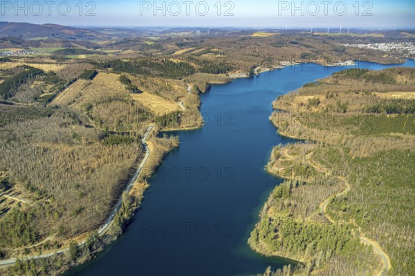 Aerial view, Sorpesee, forest area with forest damage, Amecke, Sundern, Sauerland, North Rhine-Westphalia, Germany, DE, Europe, aerial view, aerial photography, aerial photography, recreation area, lake, Sorpetalsperre, overview, bird's eye view, birds-eyes view, overview