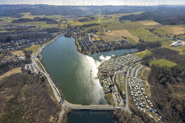 Aerial view, reservoir Amecke Sorpesee, campsite Amecker Damm, hilly landscape, Amecke, Sundern, Sauerland, North Rhine-Westphalia, Germany, DE, Europe, aerial view, aerial photography, aerial photography, local recreation area, lake, Sorpe dam, overview, bird's-eye view, overview