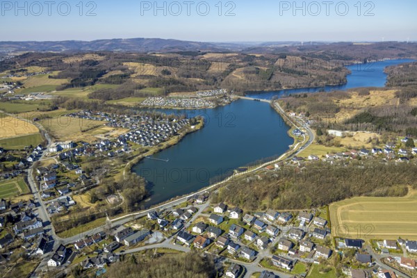 Aerial view, Sorpesee, reservoir Amecke and lake road dam, forest area with forest damage, Amecke, Sundern, Sauerland, North Rhine-Westphalia, Germany, DE, Europe, aerial view, aerial photography, aerial photography, local recreation area, lake, Sorpe dam, overview, bird's-eye view, overview