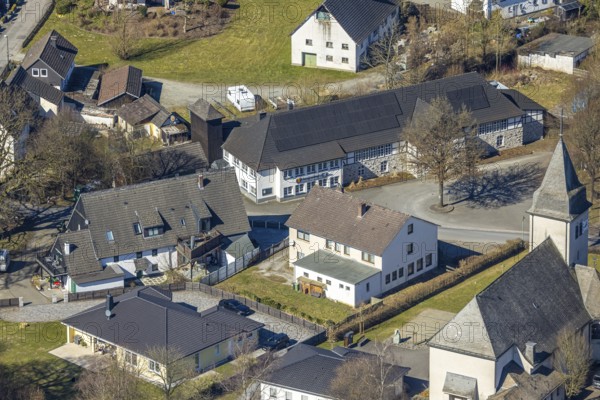 Aerial view, residential area local view with church St. Hubertus, shooting hall St. Hubertus, Sundern, Sauerland, North Rhine-Westphalia, Germany, place of worship, DE, Europe, religious community, place of worship, property tax, holy place, real estate, church, parish, denomination, aerial view, aerial photography, aerial photography, religion, religious site, overview, bird's eye view, residential complex, living and life, residential area, quality of life, residential quarter, housing estate, residential area, birds-eyes view, overview