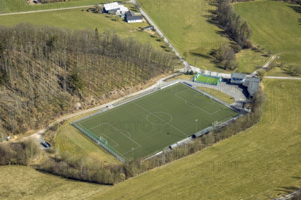 Aerial view, sports field football stadium of SSV Allendorf, Im Hespel, Allendorf, Sundern, Sauerland, North Rhine-Westphalia, Germany, DE, Europe, aerial view, aerial photography, aerial photography, overview, bird's-eye view, overview
