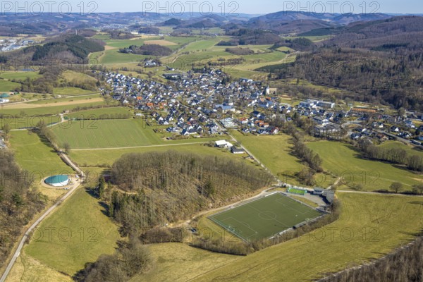 Aerial view, sports field football stadium of SSV Allendorf, Im Hespel, residential area local view Allendorf, Sundern, Sauerland, North Rhine-Westphalia, Germany, DE, Europe, property tax, real estate, aerial view, aerial photography, aerial photography, overview, bird's eye view, living and life, residential area, residential quality, residential neighbourhood, housing estate, residential area, birds-eyes view, overview