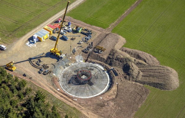 Aerial view, construction site with construction crane for wind turbine wind power plant at Eichenberg, meadows and fields, Amecke, Sundern, Sauerland, North Rhine-Westphalia, Germany, construction work, construction area, building site, building plots, construction project, construction site, DE, Europe, aerial view, aerial photography, aerial photography, new construction, overview, bird's-eye view, bird's-eye view, overview
