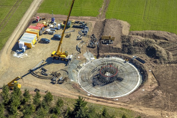 Aerial view, construction site with construction crane for wind turbine wind power plant at Eichenberg, meadows and fields, Amecke, Sundern, Sauerland, North Rhine-Westphalia, Germany, construction work, construction area, building site, building plots, construction project, construction site, DE, Europe, aerial view, aerial photography, aerial photography, new construction, overview, bird's-eye view, bird's-eye view, overview