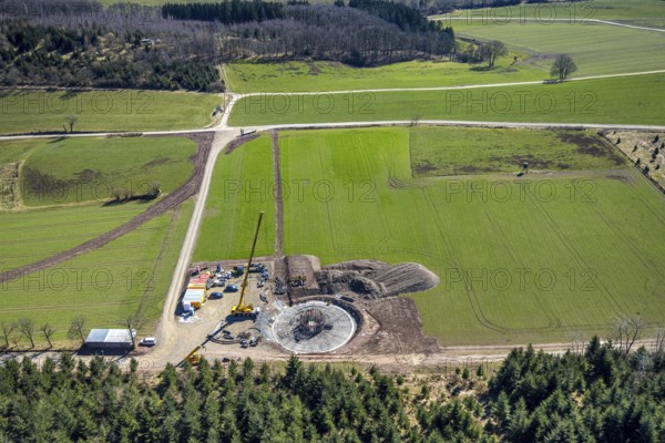 Aerial view, construction site with construction crane for wind turbine wind power plant at Eichenberg, meadows and fields, Amecke, Sundern, Sauerland, North Rhine-Westphalia, Germany, construction work, construction area, building site, building plots, construction project, construction site, DE, Europe, aerial view, aerial photography, aerial photography, new construction, overview, bird's-eye view, bird's-eye view, overview