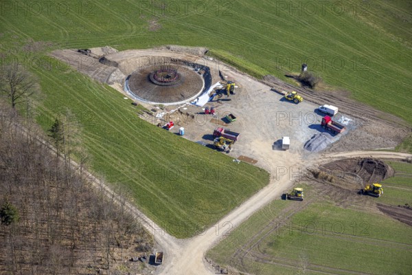 Aerial view, construction site for wind turbine wind power plant at Eichenberg, meadows and fields, Amecke, Sundern, Sauerland, North Rhine-Westphalia, Germany, construction work, construction area, building site, building plots, construction project, construction site, DE, Europe, aerial view, aerial photography, aerial photography, new construction, overview, bird's-eye view, overview