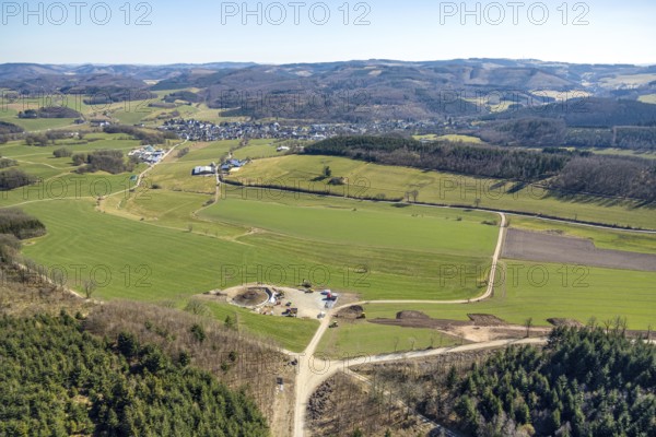 Aerial view, construction site for wind turbine wind power plant at Eichenberg, meadows and fields, Amecke, Sundern, Sauerland, North Rhine-Westphalia, Germany, construction work, construction area, building site, building plots, construction project, construction site, DE, Europe, aerial view, aerial photography, aerial photography, new construction, overview, bird's-eye view, overview