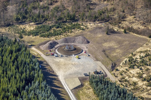 Aerial photo, construction site for wind turbine, forest damage at Eichenberg, Amecke, Sundern, Sauerland, North Rhine-Westphalia, Germany, alternative energy, construction work, construction area, building site, building plots, construction measure, tree death, construction project, construction site, bark beetle damage, bark beetle plague, DE, Europe, spruce dieback, clear-cutting, calamity areas, aerial photography, aerial photography, aerial photography, new construction, overview, bird's-eye view, WTG, forest, forest damage, forest dieback, wind energy, wind power, wind turbine, wind wheel, wind turbines, birds-eyes view, overview