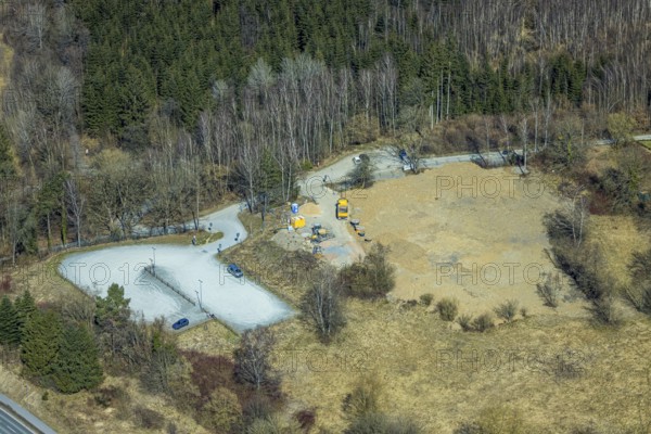 Aerial view, construction site former outdoor swimming pool at the Seestraße, Amecke, Sundern, Sauerland, North Rhine-Westphalia, Germany, construction work, construction area, construction site, building plots, construction project, construction site, DE, Europe, gastronomy, aerial view, aerial photography, aerial photography, swimming pool, overview, bird's-eye view, overview