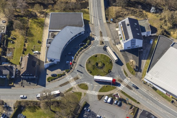 Aerial view, roundabout Hachener Straße, Volksbank building, Hachen, Sundern, Sauerland, North Rhine-Westphalia, Germany, DE, Europe, financial building, roundabout, aerial view, aerial photography, aerial photography, overview, bird's-eye view, overview