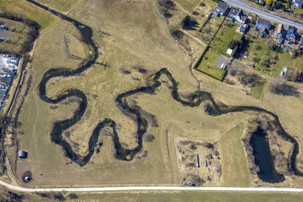 Aerial view, river Sorpe river meander in the Sorpe valley Hachen, shapes and colours, Hachen, Sundern, Sauerland, North Rhine-Westphalia, Germany, DE, Europe, river, aerial view, aerial photography, aerial photography, meander, overview, bird's-eye view, overview