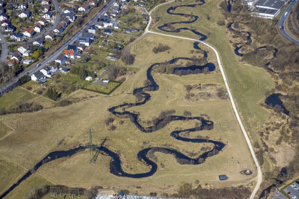 Aerial view, river Sorpe river meander in the Sorpe valley Hachen, shapes and colours, Hachen, Sundern, Sauerland, North Rhine-Westphalia, Germany, DE, Europe, river, aerial view, aerial photography, aerial photography, meander, overview, bird's-eye view, overview