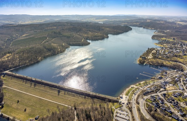 Aerial view, Lake Sorpe with dam wall, hilly landscape forest area, Langscheid, Sundern, Sauerland, North Rhine-Westphalia, Germany, DE, Europe, aerial view, aerial photography, aerial photography, recreation area, lake, Sorpe dam, overview, bird's-eye view, overview