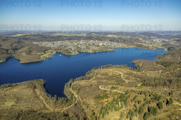 Aerial view, Sorpesee, forest area with forest damage, Langscheid, Sundern, Sauerland, North Rhine-Westphalia, Germany, DE, Europe, aerial view, aerial photography, aerial photography, local recreation area, lake, Sorpe dam, overview, bird's eye view, birds-eyes view, overview