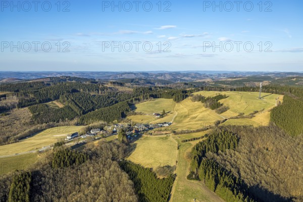 Aerial view, local view and blue sky with distant view, observation tower Schomberg Richtfunkturm, Wildewiese-Homert called main ridge of the Homertrücken, forest area with forest damage, ski area in winter, Wildewiese, Sundern, Sauerland, North Rhine-Westphalia, Germany, viewing platform, DE, Europe, aerial view, aerial photography, aerial photography, Schombergturm, ski area, overview, bird's eye view, birds-eyes view, overview