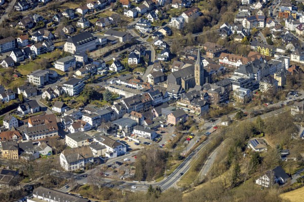 Aerial view, St. Johannes Kirche an der Hauptstraße, residential area Sundern, Sauerland, North Rhine-Westphalia, Germany, place of worship, DE, Europe, religious community, place of worship, holy place, church, parish, denomination, aerial view, aerial photography, aerial photography, religion, religious site, Sundern, overview, bird's-eye view, overview