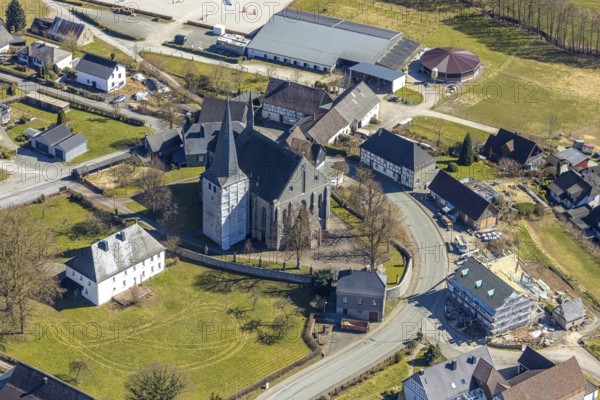 Aerial view, construction work on the steeple of St. Martinus Church, behind riding centre Hellefeld, Hellefeld, Sundern, Sauerland, North Rhine-Westphalia, Germany, place of worship, construction work, construction area, construction site, construction measure, construction project, construction site, DE, Europe, religious community, place of worship, holy place, church, parish, denomination, aerial view, aerial photography, aerial photography, equestrian sport, equestrian centre, equestrian sport, equestrian centre, riding stable, riding club, religion, religious site, overview, bird's-eye view, overview