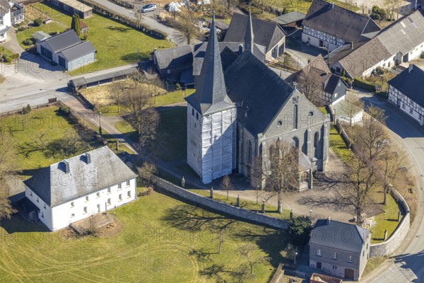 Aerial view, construction work on the steeple of St. Martinus Church, Hellefeld, Sundern, Sauerland, North Rhine-Westphalia, Germany, place of worship, construction work, construction area, construction site, construction project, construction site, DE, Europe, religious community, place of worship, holy place, church, parish, denomination, aerial view, aerial photography, aerial photography, religion, religious site, overview, bird's-eye view, overview