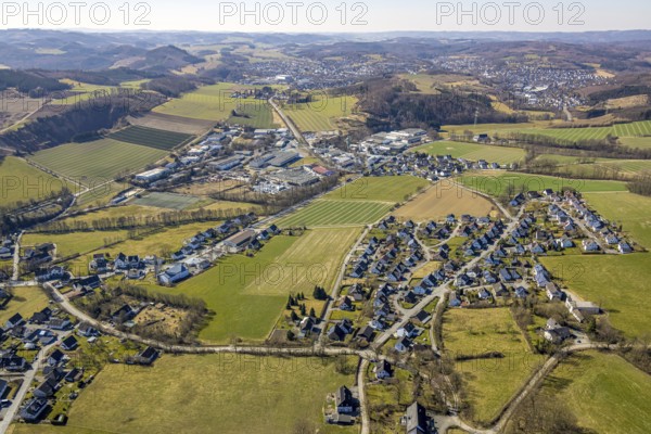 Aerial view, residential area and commercial area local view Westenfeld, Sundern, Sauerland, North Rhine-Westphalia, Germany, DE, Europe, property tax, real estate, aerial view, aerial photography, aerial photography, overview, bird's-eye view, living and life, residential area, residential quality, residential neighbourhood, housing estate, residential district, birds-eyes view, overview