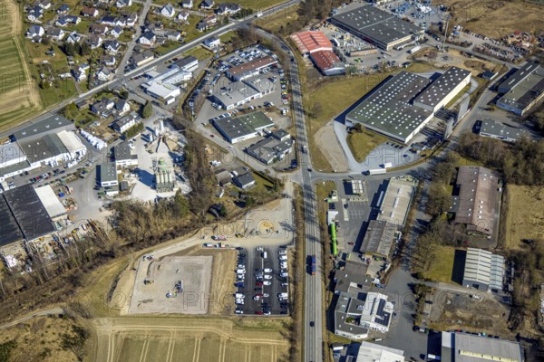 Aerial view, industrial estate Hanns-Martin-Schleyer-Straße, Blome-Tillmann GmbH, Selschede, Westenfeld, Sundern, Sauerland, North Rhine-Westphalia, Germany, DE, Europe, commercial enterprises, commercial area, commercial area, commercial property, commercial site, commercial use, industrial site, aerial photograph, aerial photography, aerial photography, overview, bird's-eye view, bird's-eye view, overview